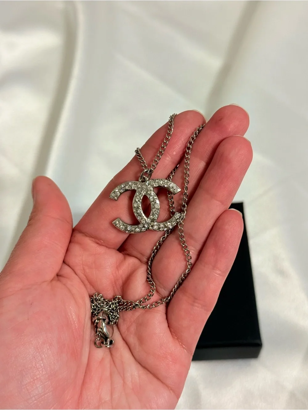 Chanel Silver Crystal CC Classic Pendant Necklace